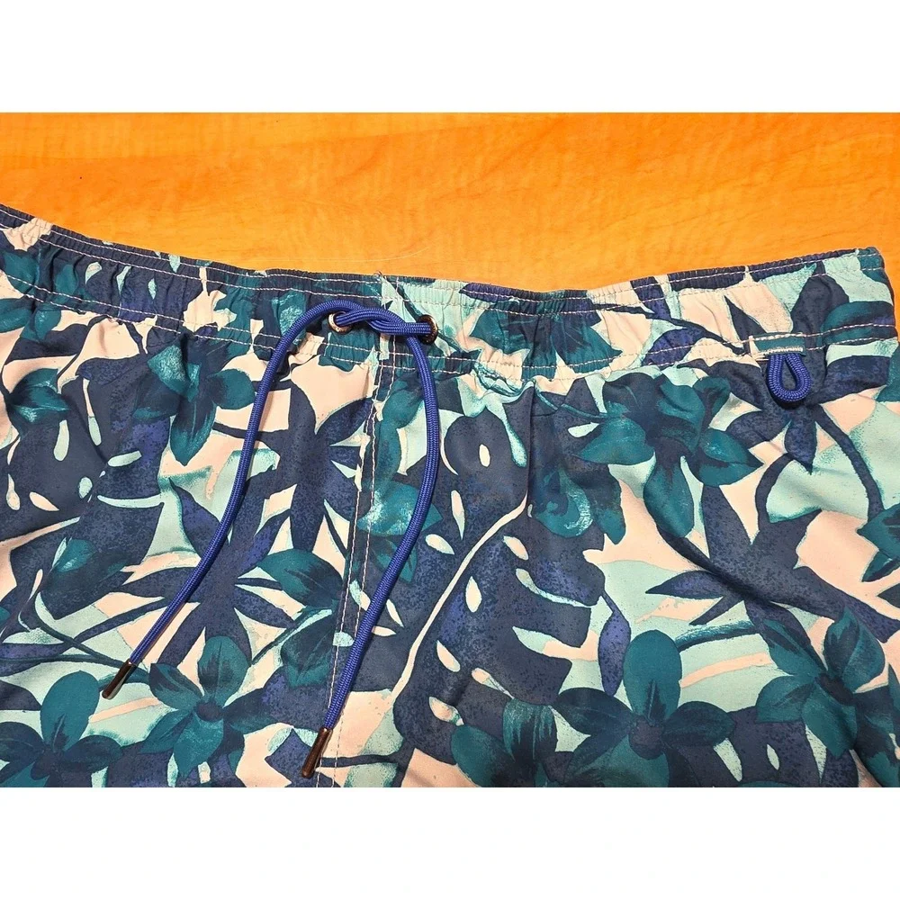 Lands End Mens Tropical Floral Swim Trunks Blue Teal Monstera Board Shorts Med